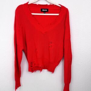 SER.O.YA Womens Syd Distroyed Sweater Size M Distressed V Neck Cotton Orange